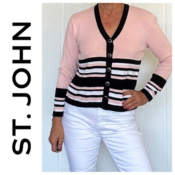 ST. JOHN SPORT BY MARIE GRAY PINK BLACK STRIPED CARDIGAN SIZE SMALL - Picture 1 of 14